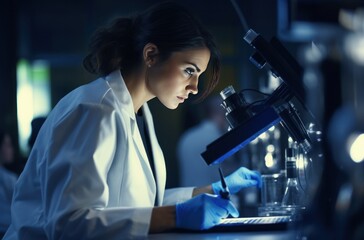female doctor working at chemistry laboratory in a microscope
