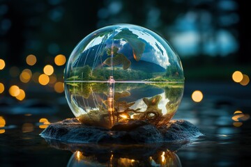Transparent globe mirrors a lush landscape, symbolizing fragile earth - obrazy, fototapety, plakaty