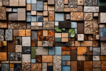 A mosaic of recycled materials forming an eco-friendly exterior, highlighting the diversity of textures and colors.