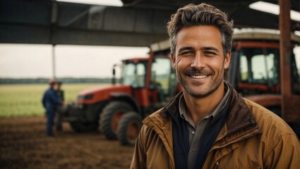 Portrait of a smiling engineer in a working suit standing in front of agricultural machinery
