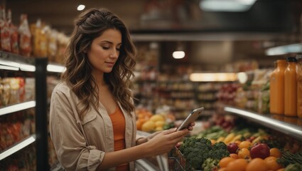 caucasian brunette woman comparing products in a grocery store, supermarket - Powered by Adobe