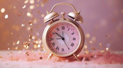 Fototapeta na wymiar Close up of alarm clock on the pink background