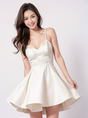 A photo of a beautiful woman wearing a white dress smiling brightly, perfect for a luxury casino