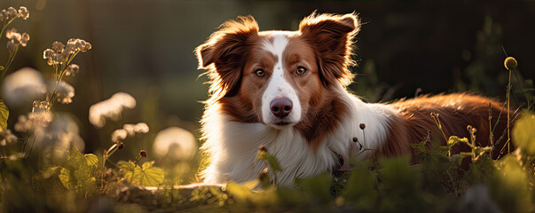 Border collie in nature autumn colors. Dog portrait in sunset light. banner or copy space for text