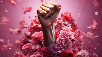 Empowering Women - Strong Fist Amidst Pink Flowers for Women's Day