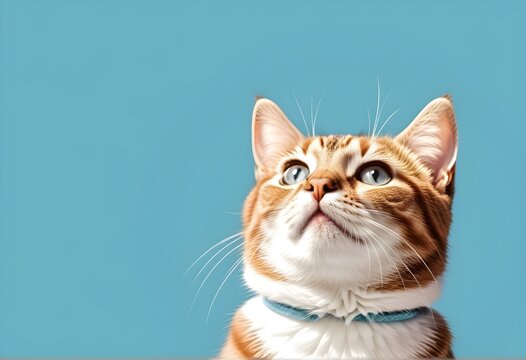 Closeup Image Of Cute Cat Looking Up. Blue Background And Space For Text	