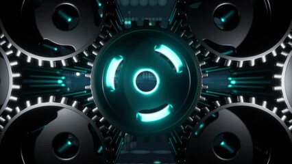 animation of gears spinning where one glows and shines in the center glow video effect. programming stylized video effect in the background - Powered by Adobe