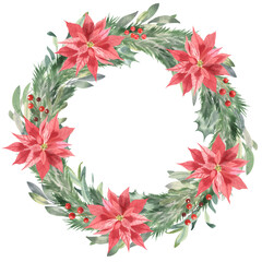 Watercolor illustration Christmas Wreath frame, Holiday Сard, Winter ClipАrt, Festive Decor, spruce branch, PNG transparent background, For your interior, decor, invitations, cards, stickers, poster