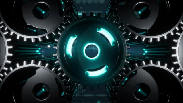 animation of gears spinning where one glows and shines in the center glow video effect. programming stylized video effect in the background - Powered by Adobe