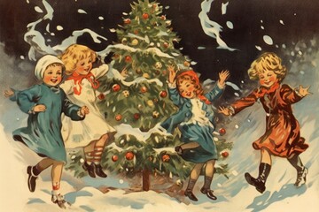 Obraz na płótnie Canvas Vintage retro Merry Christmas and New Year Postcard Greeting card cartoon character