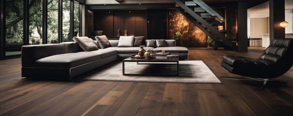 Beautiful living room interior in luxury house with wood floor concept. - obrazy, fototapety, plakaty