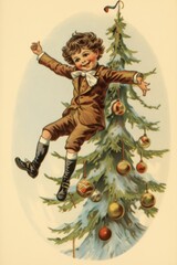 Fototapeta na wymiar Vintage retro Merry Christmas and New Year Postcard Greeting card cartoon character