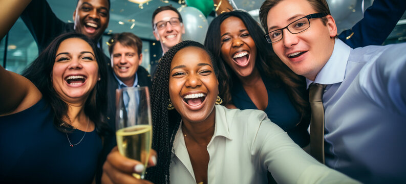 Happy employees gather to celebrate Holidays in the workplace.