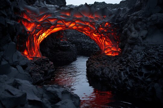 A lava stone bridge spanning a river of molten lava.