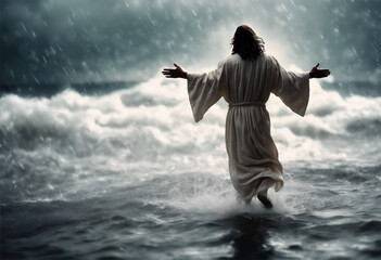 Cristo che cammina sulle Acque durante la tempesta, concetto della Pasqua - obrazy, fototapety, plakaty