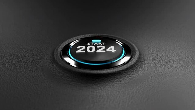 Finger about to press a car ignition button with the text 2024 start.happy new year 2024 start new project.concept of start with strategy,win,plan,goal and objective target