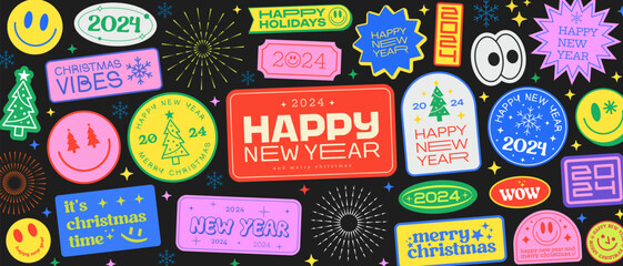 Cool Christmas Stickers Collage Background. Set Of Y2k Smile Happy New Year 2024 Patches Vector Design. Pop Art Elements.