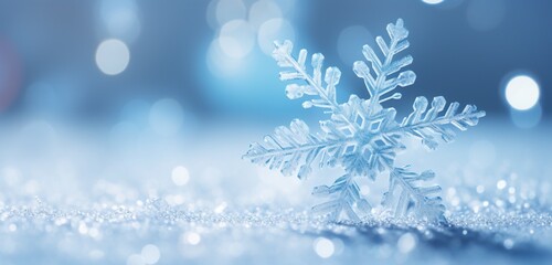 Fototapeta na wymiar A macro shot of a snowflake with a soft blue bokeh background.