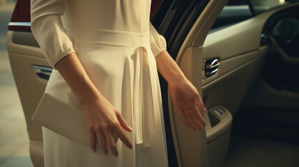 Close-up cropped photo of elegant business woman getting into car, hand opening car door. A new car, a carsharing service with business class cars. - obrazy, fototapety, plakaty