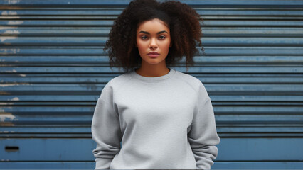 young black woman model with braids black hair wearing blank sport grey gildan sweat shirt mockup, blank sport grey sweat shirt , model