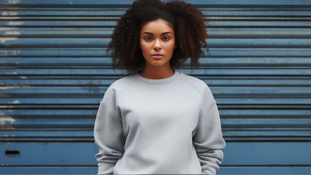 Young Black Woman Model With Braids Black Hair Wearing Blank Sport Grey Gildan Sweat Shirt Mockup, Blank Sport Grey Sweat Shirt , Model