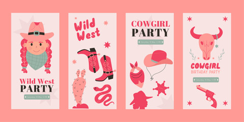 Fototapeta na wymiar Flat style wild west cowgirl party instagram story collection
