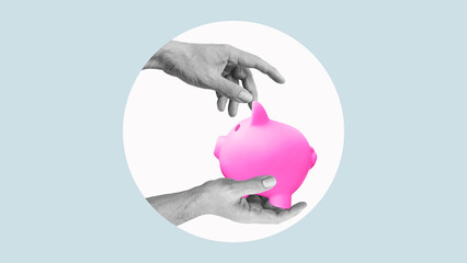 Piggy bank in the hand protected by another hand concept for protecting your assets, financial help...