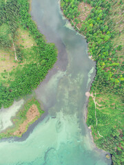 Drone photo of a cloudy day at Almsee lake in Austria. 