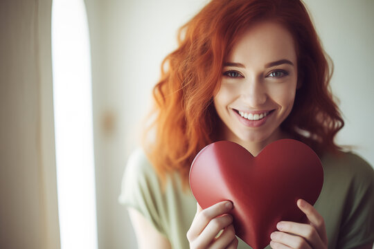 AI Generated Image of smiling redhead woman with green eyes holding a red paper heart while looking at camera against blurred white background