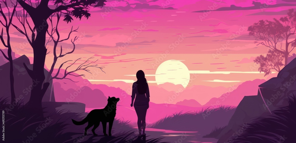 Canvas Prints a woman standing next to a dog in front of a pink and purple sky with the sun in the distance.