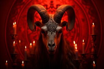 Esoteric goat-headed figure in a candlelit occult setting