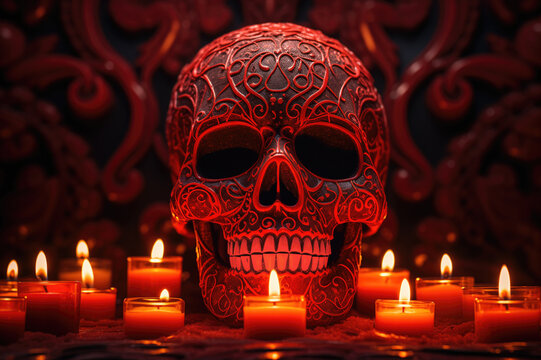 Generative AI image of Ornate Skull and Candles in Mystic Setting