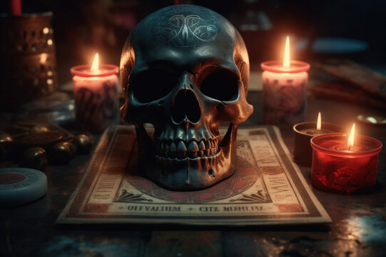Generative AI image of an eerie esoteric altar with skull