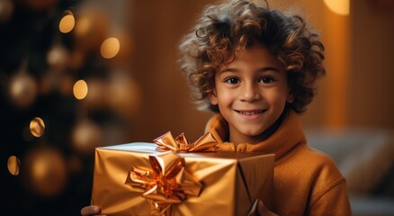 little boy with a golden gift box