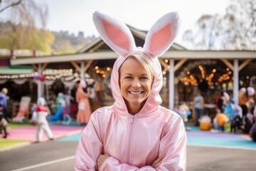 Happy senior woman wearing bunny ears standing in front of an amusement park - obrazy, fototapety, plakaty