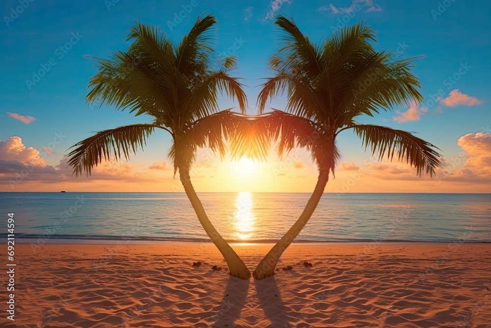 Poster  two palm trees standing atop a sandy beach, under a clear blue sky