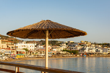 Agia Pelagia, Crete, Greece - September 23rd 2023 - Early morning on the beach in the tourist resort of Agia Pelagia.