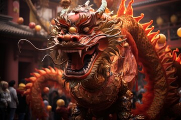 Chinese dragon as a character for the dragon dance at the Chinese New Year festival. Generative ai image - obrazy, fototapety, plakaty