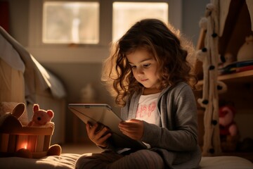 Fototapeta na wymiar Preschool girl using a tablet computer at home proficiently