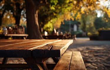 sitting on an empty wooden table in a park