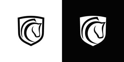 Horse and shield logo template. combination of horse logo with shield - obrazy, fototapety, plakaty