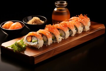 Sushi Set on wooden plate with soy sauce and wasabi