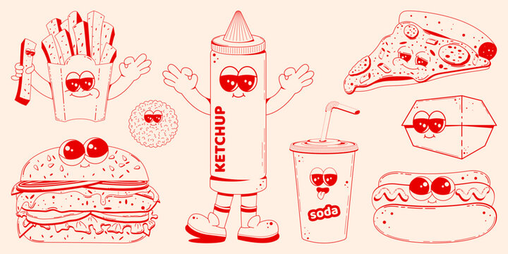 Set of fast food characters in retro linear style. Hamburger, pizza, soda, hod dog, fries. Doodle illustration in retro cartoon style.