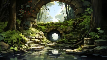 whispering enchantment: the serene allure of an overgrown stone bridge