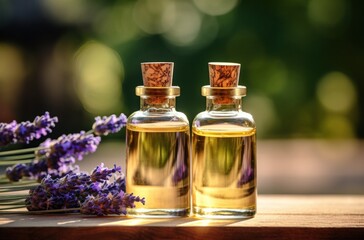 two bottles of essential lavender oil sitting on a wooden surface, tranquil gardenscapes