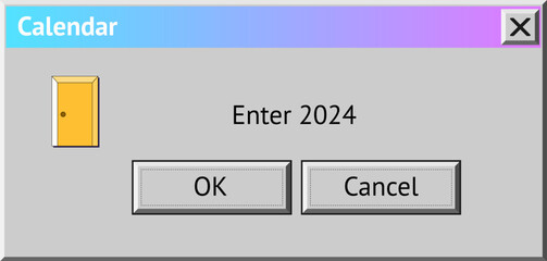 2024 New Year themed dialogue box with door to enter 2024. Abstract vaporwave, y2k aesthetics window with 90s style system message