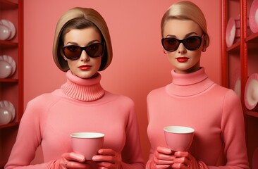 Obraz premium two women dressed in pink attire holding cups of coffee