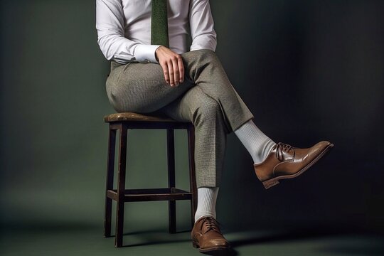 Cropped image of man sitting on chair in stylish business clothes and shoes with crossed legs on dark background.