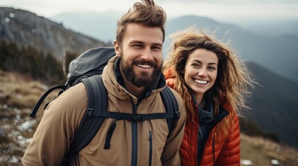 Happy couple hiking in a beautiful mountain landscape.