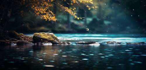 A serene river scene with a bokeh effect of the flowing water.